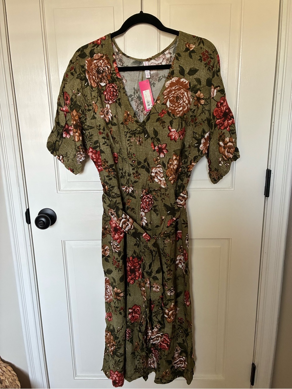 Xhilaration Olive Floral Wrap Midi Dress with Red & Brown Blooms